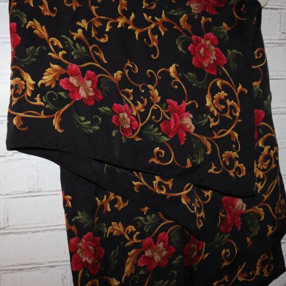 Vintage Silk Square Scarf – Floral Print – Black/Gold - Picture 2 of 5